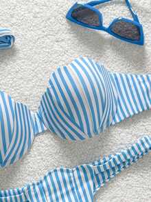 Swim Mod Petal Patchwork Hard Cup Detachable Strap Striped Print Sexy Cute 2 Pieces Swimwear - Multicolor - View 5