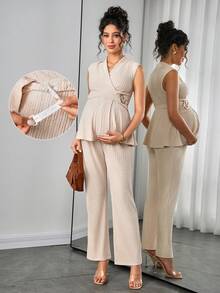 Momance 两件套孕妇装：无袖V领上衣，腰部褶皱设计，不对称下摆；松紧腰直筒裤；针织提花面料 - 杏色 - 查看 1