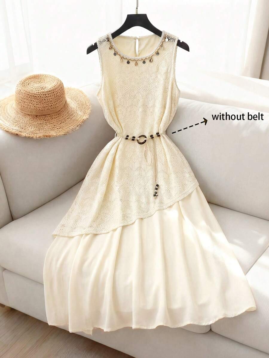 GlowEve 2026春夏新款女士网纱蕾丝钩花贝壳边无袖度假连衣裙 - 杏色 - 查看 1