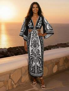 CAJUNI 女士菠萝印花露腰深V领长袖性感时尚连衣裙，度假款 - 黑與白 - 查看 4