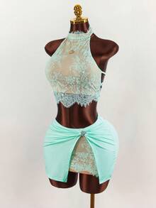Amplova Women's Sexy Contrast Lace Halter Top And Mini Skirt 2 Pieces Set, Summer - Mint Green - View 3