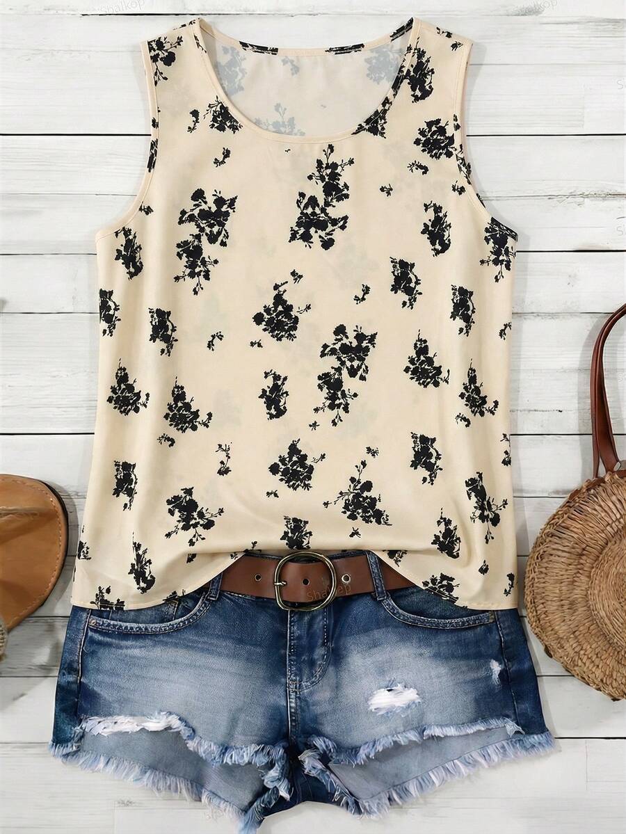 GlowEve Top de tirantes con cuello redondo y estampado floral todo sobre para vacaciones - Albaricoque - Ver 1