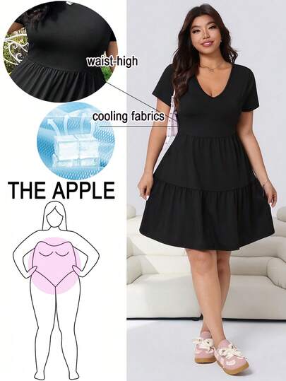 Solflare 大码女式V领纯色优雅短袖连衣裙，春夏款