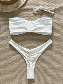 Swim Mod 女士纯色吊带海星金属装饰性感比基尼套装，夏季 - 米色 - 查看 2