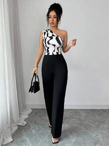 Elenzga Women's 2026 Spring/Summer New Geometric Print Bodycon Jumpsuit - Black - View 6