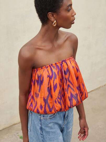 Aveloria Modichic Spring/Summer New Beach Vacation Style Oil Painting Print Gold Chiffon Draped Cropped Tube Top For Women