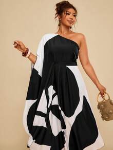 Travachic 加大码女式黑白印花单肩长款连衣裙，宽松休闲沙滩度假罩衫 - 黑與白 - 查看 7