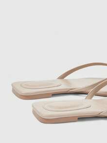 Sleekvia Women Shoes Square Toe Flat Bottom Apricot Flip-Flop Belt Foot Strap Fashion Casual Comfort Daily Versatile Women's Flat Bottom Slippers Sandals Flip-Flops - Stone color - View 3