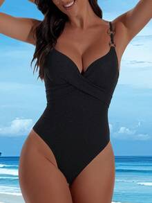 Shapewave Spring/Summer Fashion Sexy Adjustable Strap Hardcup Steel Bra One-Piece Swimsuit With Resin Ring Decor, Gold/Silver Fabric - Black - View 4