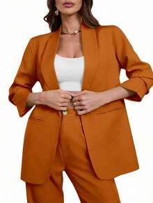 Aveloria Modichic Blazers de manga larga de unicolor con bolsillos - Camel - Ver 3