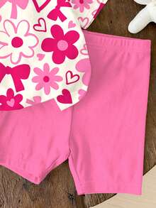 SHEIN Baby Girl Casual Coral Pink & Cute Floral Heart Print Round Neck Loose Short Sleeve T-Shirt And Bike Shorts Set, Suitable For Spring/Summer - Multicolor - View 5