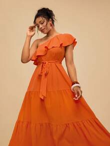 Travachic 大码女式休闲纯色连衣裙 - 亮橙色 - 查看 7