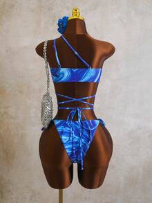 Zestiva 2026新款女士夏季沙滩度假蓝色抽象印花露背系带比基尼三件套泳装 - 藍色 - 查看 5