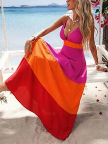 Vivid Eden 撞色拼接V领长款连衣裙，春夏装扮，夏季服装，情人节，度假装，沙滩装 - 彩色 - 查看 7