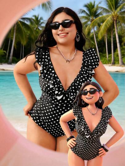 Swim Mod Áo tắm liền thân xếp nếp thanh lịch dành cho nữ cỡ lớn, họa tiết chấm bi ngẫu nhiên.