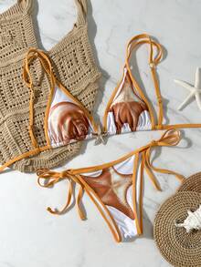 Swim Mod Women's Sexy Backless Starfish Print Tie-Front Split Bikini Set, Beach Holiday Style - Multicolor - View 4