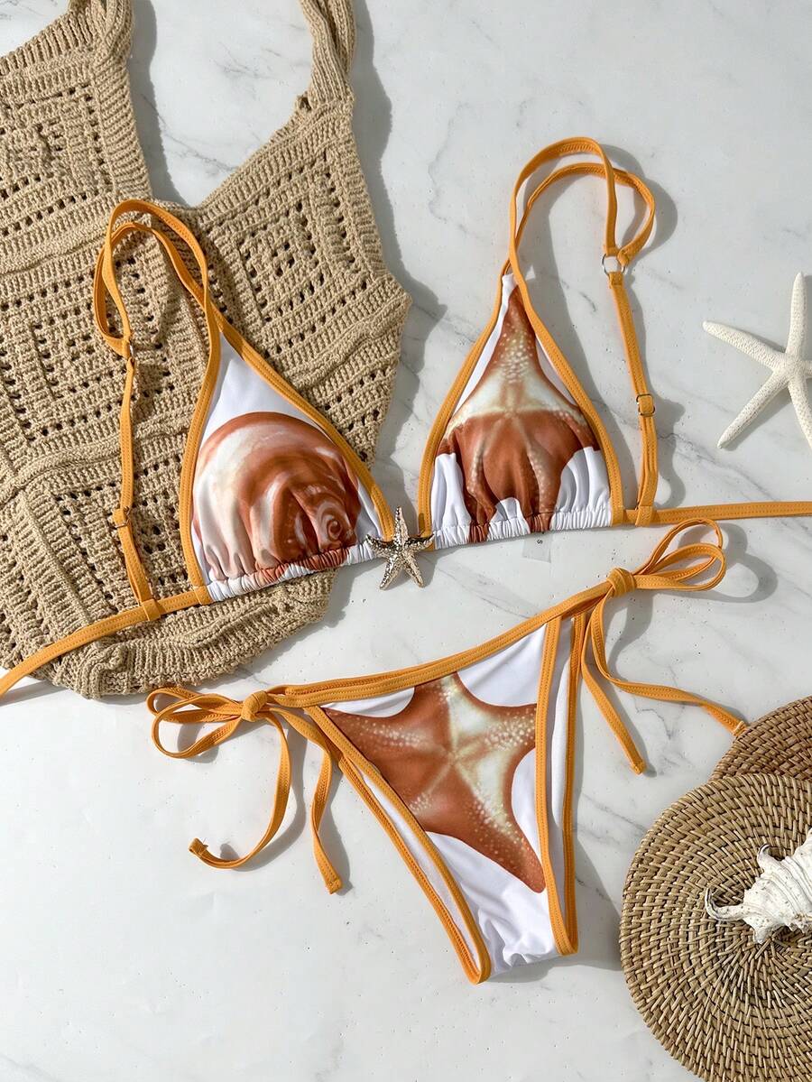 Swim Mod 女士性感露背海星印花系带开衩比基尼套装，沙滩度假风 - 彩色 - 查看 1