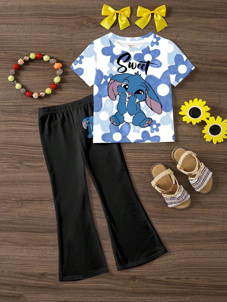 SHEIN Kawaii Cartoon Blue Rabbit Lulu & Stitch Pattern, Blue Ombre Floral, Young Girl Casual Minimalist Cartoon Round Neck Short Sleeve Top And Flare Pants Two Pieces Set, Suitable For Summer, Vacay Vibes, Sunny Journey, Casual Outfits Spring, Summer Getaway, Momentos En Familia, Cute Y2K Coconut Girl Boho Vacation Springbreak Brunch-Ready Baby Blue Girls Trip, Neon Beach Vibes, Bohemian Hippie Music Festival - Multicolor - View 2