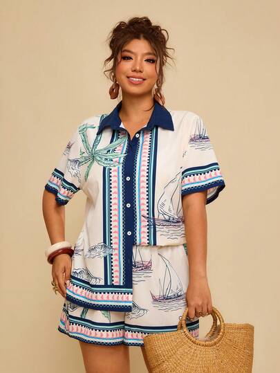 Travachic Plus Size Casual Vacation Tropical Bohemian Fruit & Plant Print Asymmetric Short Sleeve Shirt Top + Beach Shorts 2 Piece Set For Women, Summer Outfits, Spring Clothing,Spring Outfit Women, Going Out Outfits, Vacation Outfits Women,Holiday Outfits, Casual Outfit For Women, Boho Style Women, Resort Outfit For Women, Island Holiday Outfit, Havana Outfit, Tropical Outfit, Mexican Style