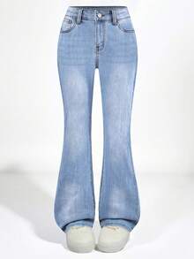 SHEIN Explorewe Y2K Fashionable Versatile Popular Heavy Wash Flare Elastic Jeans For Teenagers, School, Campus, College Summer Holiday - Light Wash - View 3