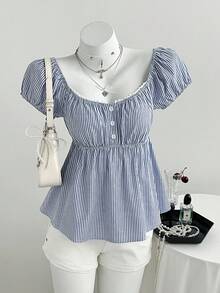 Elamini 女士蓝色舒适方领条纹短袖衬衫，适合海滩度假，休闲百搭，夏季女士休闲穿搭单品 - 藍色 - 查看 5