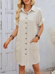 EMERY ROSE 女士条纹印花口袋休闲短袖衬衫裙 - 彩色 - 查看 5