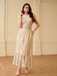 ZEYLAH Floral Embroidery Elegant Puff Sleeve Midi Waist Dress, Suitable For Daily Wear And Dates, Spring/Summer - Champagne - View 4