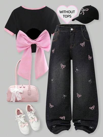 SHEIN Elladie kids 2025秋冬新款少女黑色宽松阔腿牛仔裤，四季皆宜，灰黑休闲牛仔裤，可爱粉白蝴蝶结刺绣牛仔裤，Y2K风格，休闲，可爱，复古，经典街头风，柔软舒适，适合日常出行、上学、通勤、聚会、居家、度假、万圣节、圣诞节等场合，2025秋季新款蝴蝶结刺绣牛仔裤，90年代风格