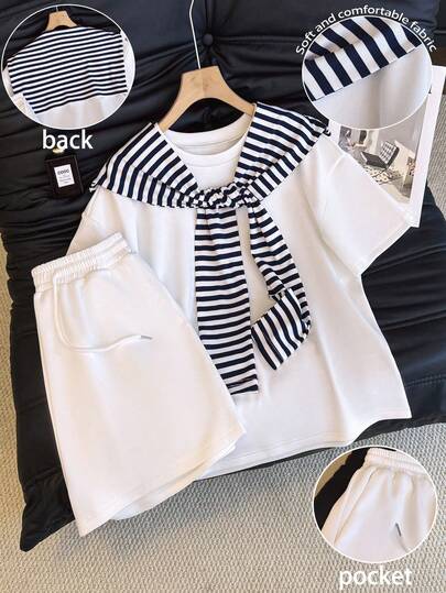 Resyla 三件套：撞色条纹披肩、休闲上衣和口袋短裤，女士百搭春夏套装，两件套女装，短袖女装，夏季两件套女装，休闲女装套装