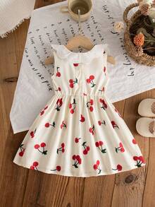 Vintaside Kids 1件女婴夏季新款樱桃印花刺绣领3D樱桃装饰纽扣后背休闲公主裙，乡村可爱百搭款 - 杏色 - 查看 2