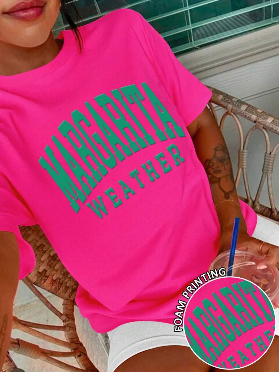 DrmWander Women's Graphic T-Shirt, Casual Street Style Short Sleeve Tee, Cute Summer Top - Hot Pink - View 1