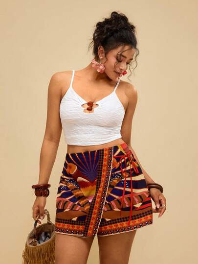 Travachic Pantalones cortos de playa de estilo bohemio y casual con decoración de cordones y volantes para mujer de talla grande. Ropa de mujer de talla grande para el verano