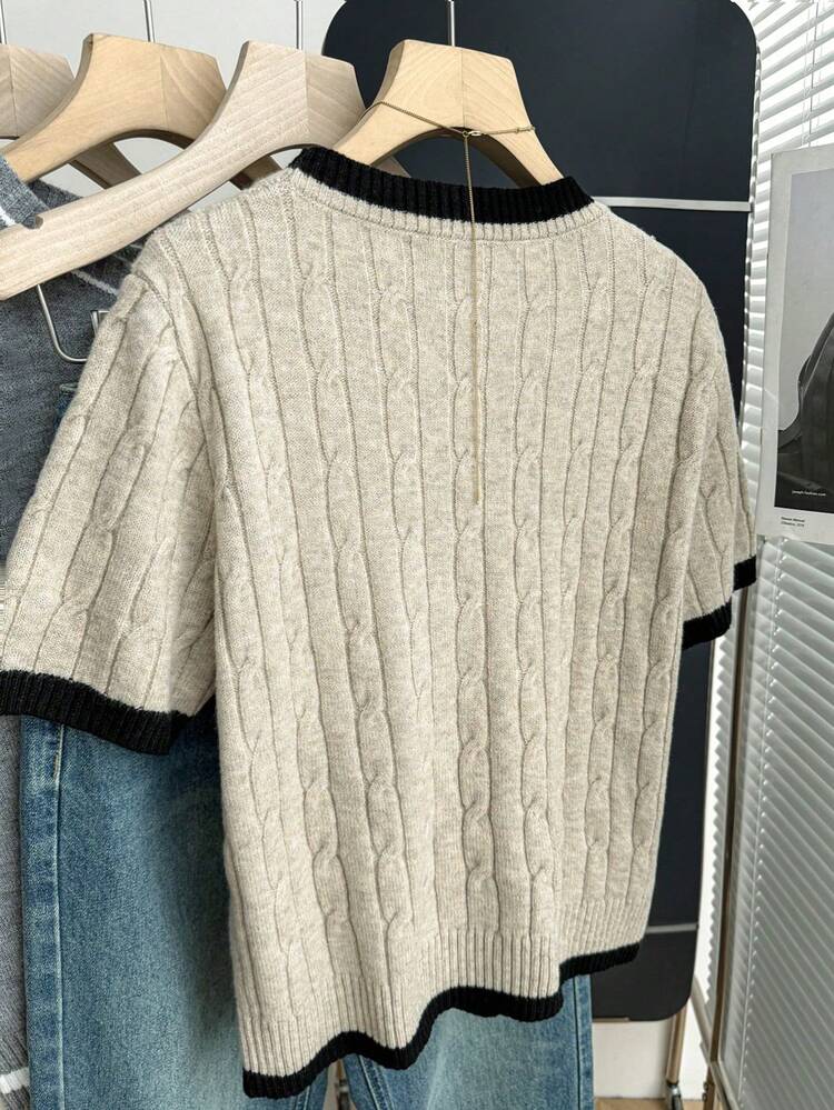 Franclia New Casual Loose Korean Style Round Neck Textured Contrast Color Pullover Sweater For Women, Spring/Autumn Knit Tops Ribbed Shirt Comfortable Tops Casual Knit Tops Short Sleeve Knit French Style Tops Comfortable Two Piece Set French Style Clothes Knit Two Piece Set Short Sleeve Knit Top Cable Knit Top Black Trim Knit Top Crew Neck Knit Shirt - Khaki - View 2