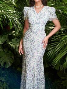 Modelyn Elegant V-Neck Ruched Waist Ditsy Floral Fishtail Hem Dress, Flattering & Sexy - Multicolor - View 8