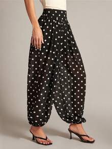 Hauture High Waist Loose Polka Dot Lantern Pants, Casual Trousers For Women, Spring/Summer - Black - View 2