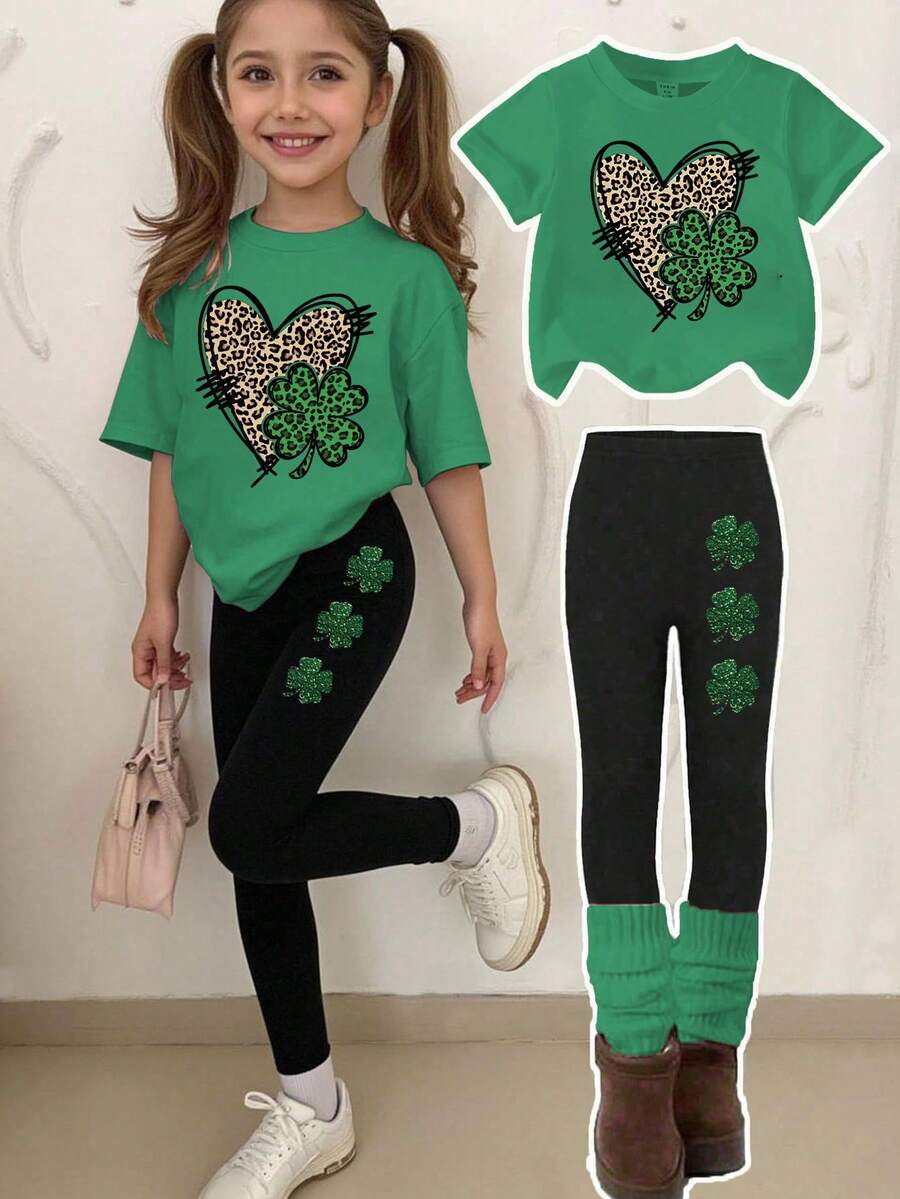 Set da 2 pezzi di maglietta e leggings con stampa grafica di leopardo, trifoglio e cuore, casual chic per ragazze giovani, per il giorno di San Patrizio - Multicolore - Visualizzare 1