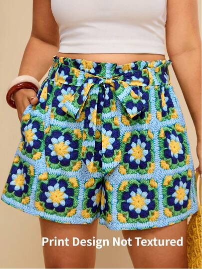 Travachic Plus Size Women Summer Beach Vacation Style Crochet Print Paper Bag Waist Drawstring Loose Shorts