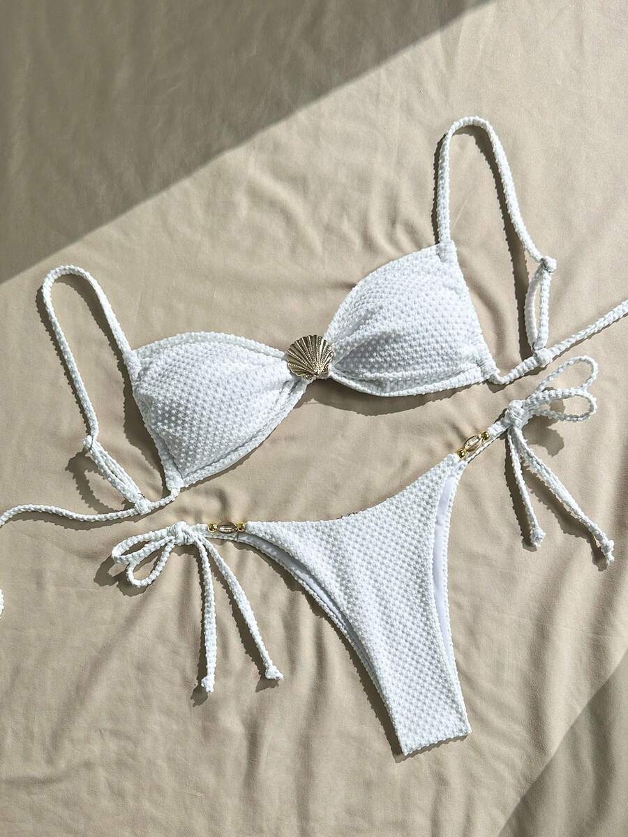 Swim Vcay 女士夏季沙滩装,纯色提花面料吊带性感比基尼套装,饰有贝壳和金属装饰 - 白色 - 查看 1