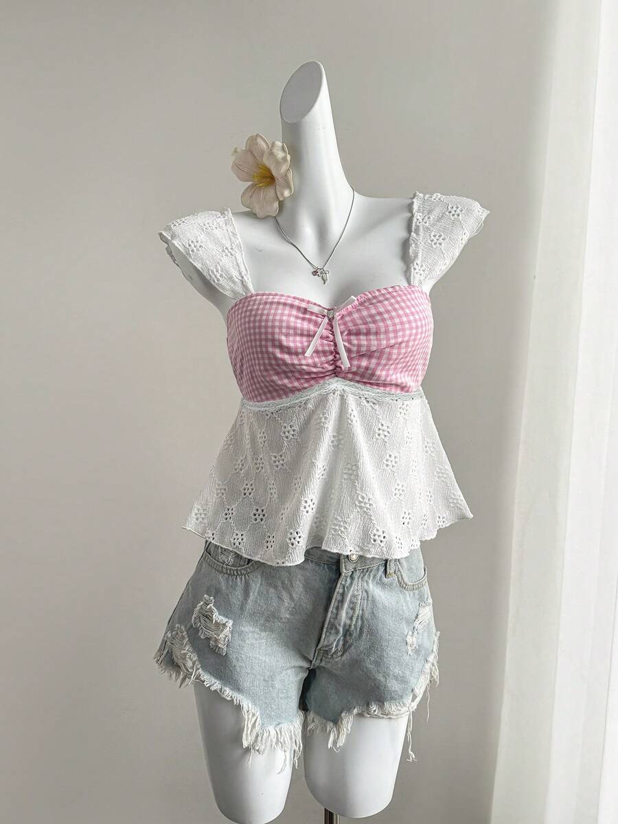 Elamini Sexy Women's Plaid Patchwork Knit Embroidered Textured Cami Top, Summer - Multicolor - View 1