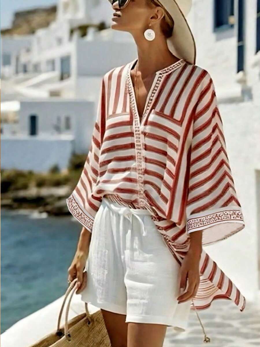 Breezaya Elegant Urban Chic New Arrival Women's Spring/Summer Red & White Striped V-Neck Loose Bohemian Style Midi Dress, Suitable For Daily Wear, Weddings, Galas, Commute, Graduation Parties, Holidays, Vacations, Dates, Parties, Halloween, Christmas, New Year, Thanksgiving, Bridal Shirt - Red - View 1