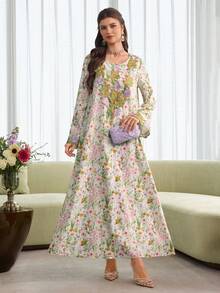 Al Najma Elegant Floral Print Embroidered Ruffle Trim Long Sleeve Loose Flared Robe For Women - Multicolor - View 9