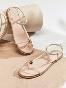 SHUZIA 女士简约休闲舒适踝带平底人字拖 - 白色 - 查看 4