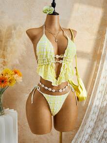 Bellisia 女士纹理格子串珠前片设计可爱性感淑女风比基尼两件套泳衣，适合海滩、度假、节日穿着 - 黃色 - 查看 3