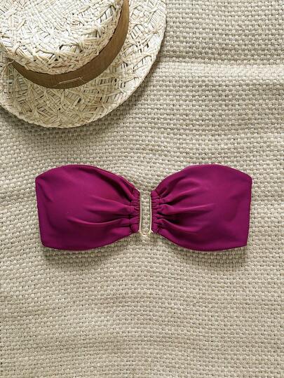 Swim Chiccia Women's Solid Color Strapless Metal Decor Bikini Top, Beach Summer Outfit