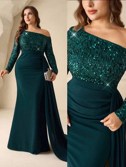 Coutiva Plus Size Elegant Sequin Patchwork Asymmetric Collar Formal Evening Gown Dark Green Formal Dress Women Evening Dress Elegant Plus Formal Evening Gown Long Sleeve Formal Dress Curve Formal Evening Gown Emerald Green Formal Dress Teal Formal Dress