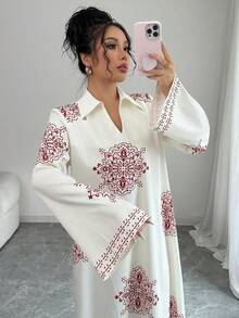 Modelyn Women's Woven Printed Loose Stand Collar Dress Modest Dress French Style Dress Long Sleeve Summer Dresses Prayer Dress Cottagecore Dress - Red - View 4