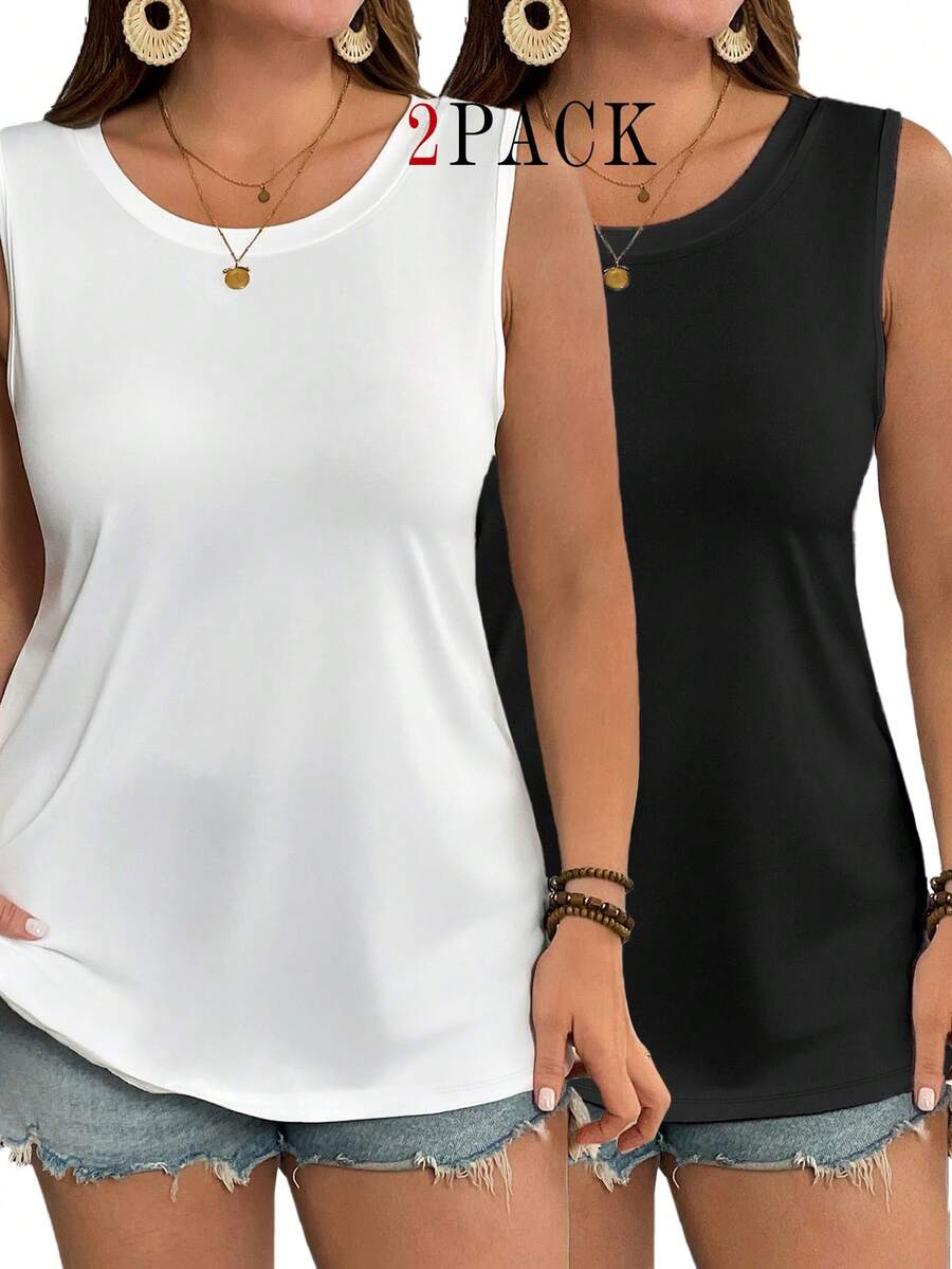 EMERY ROSE 2 piezas Conjunto de 3 piezas para mujer de talla grande con top sin mangas de cuello redondo y unicolor - Multicolor - Ver 1