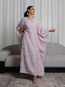 Al Najma 女士纯色纹理交叉领蝙蝠袖土耳其长款朴素卡夫坦阿拉伯连衣裙 - 淡紫色 - 查看 1