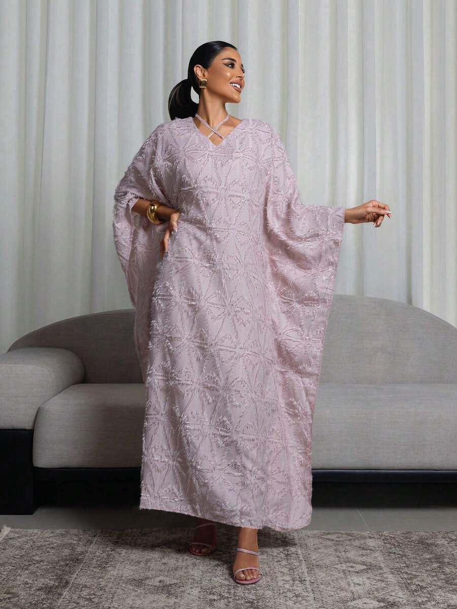 Al Najma 女士纯色纹理交叉领蝙蝠袖土耳其长款朴素卡夫坦阿拉伯连衣裙 - 淡紫色 - 查看 1