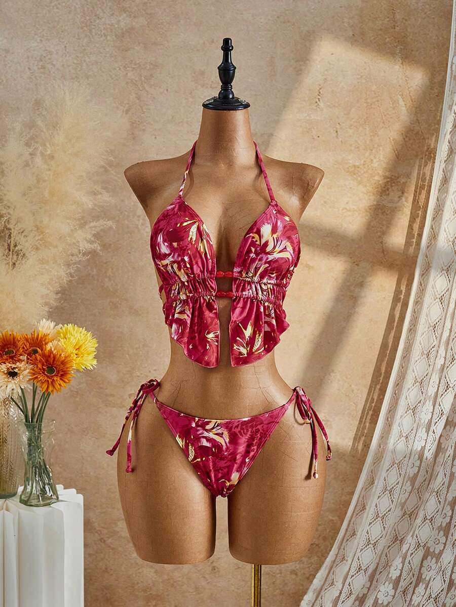 Bellisia Bộ đồ bơi Tankini hai mảnh dây mảnh dành cho nữ mùa xuân/hè, kiểu dáng thanh lịch, thích hợp cho kỳ nghỉ, buộc dây cổ. - Nhiều màu - Xem 1